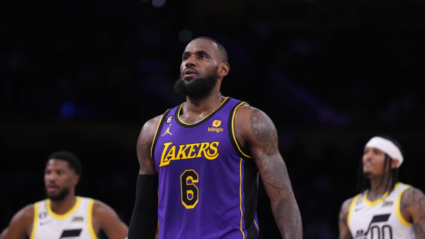 LeBron James looks on during a game.
